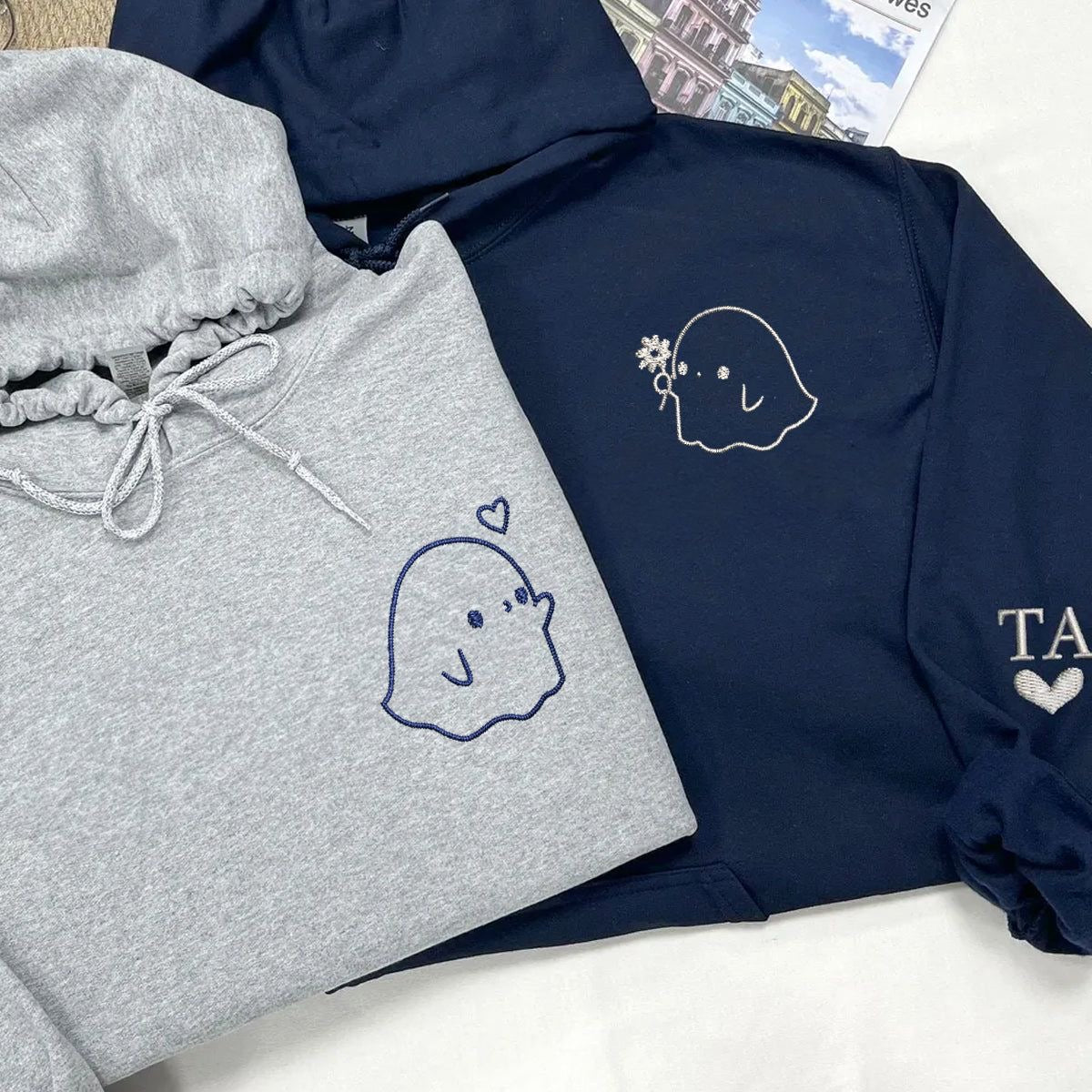 Cute Ghosts Couple Embroidered Hoodies ( Set of 2 )