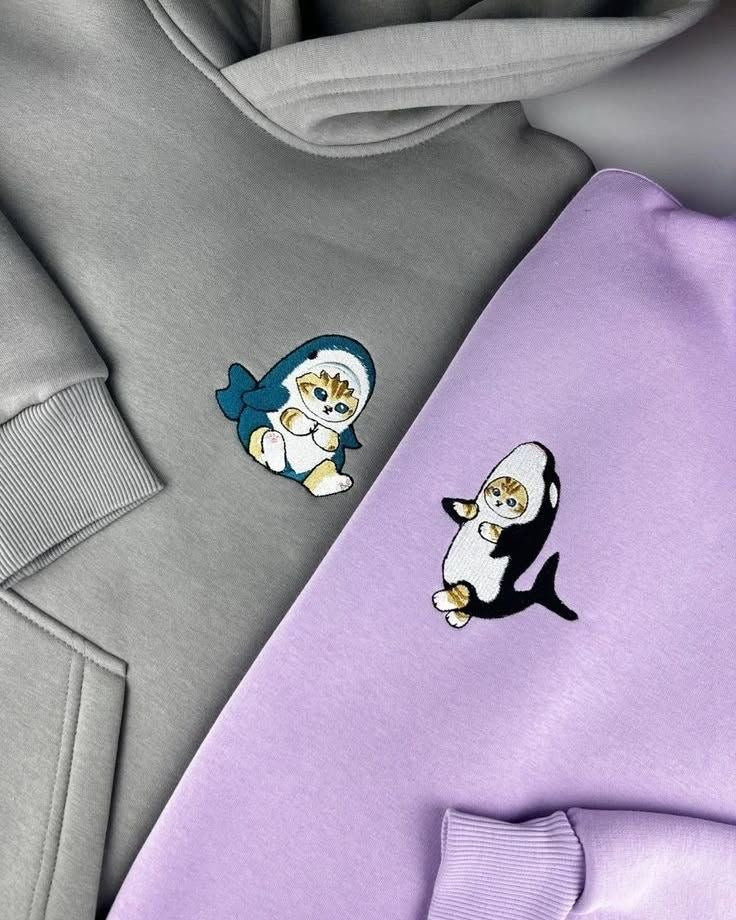 Cat with shark &Cat with dolphin Embroidered matching hoodies (set of 2)