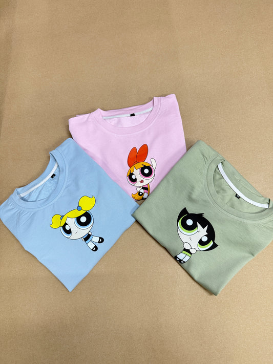 Power puff girls Bestie Trio T-Shirt Front Print Back print - (Set of 3)