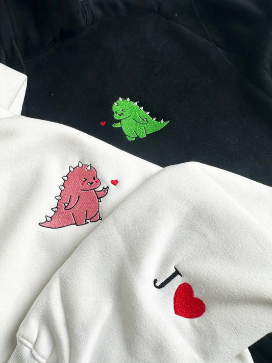 Kawaii Dinosaur Heart Embroidered Matching Hoodie - (Set of 2)