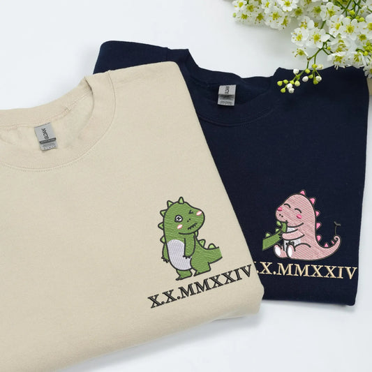 Couple tail eating Kawaii Dinosaur Embroidered Matching Hoodie - (Set of 2)