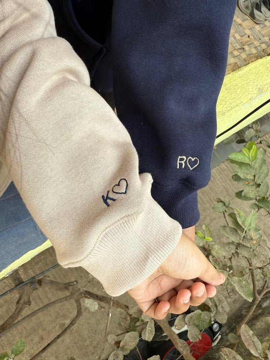 Outline Heart Initial Custom sleeve Hoodie| Personalized Heart Initial Embroidery Hoodie| Outline Heart & Initial Hoodie