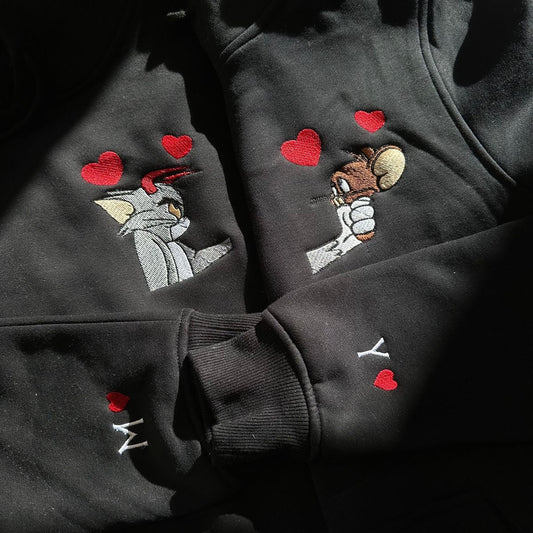 Tom and Jerry Couple Hoodies with Initial Heart Embroidery| Premium Tom & Jerry Matching Hoodies