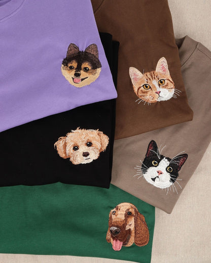 Custom Pet Embroidered T-Shirt | Personalized Cat & Dog Portrait Gift for Pet Lovers