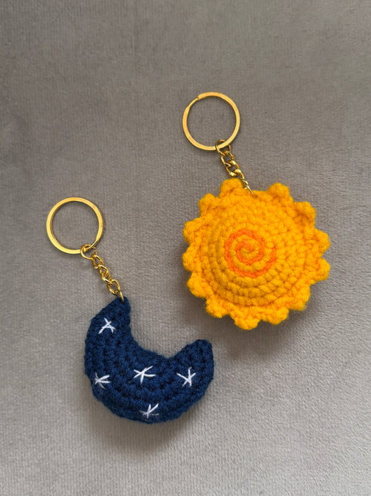 Sun Moon Crochet Keychain Set (Pack of 2) | Handmade Matching Couple Keychains | Cute Aesthetic Gift