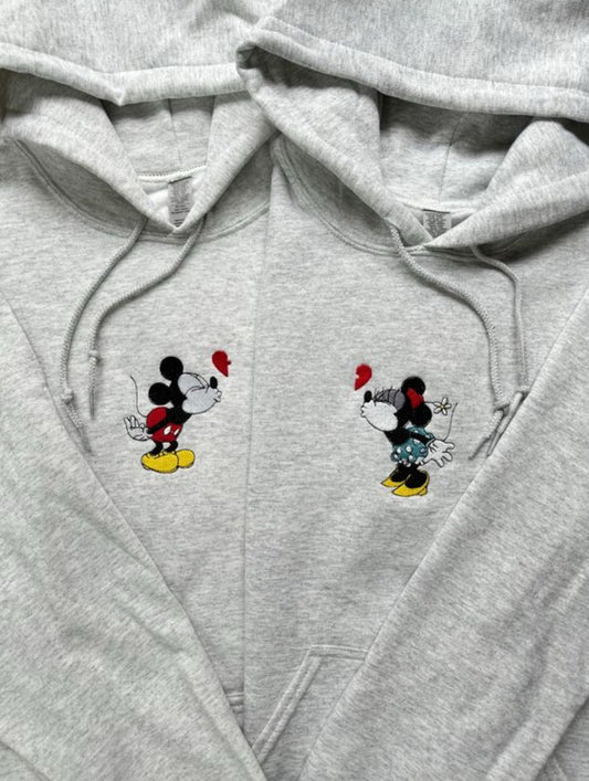 Mickey Minnie Matching Embroidery Hoodie| Romantic Cartoon Couple Hoodies| Mickey & Minnie Kiss Matching Hoodies