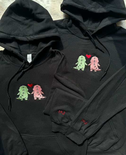 Dinos Holding Hand Matching Cartoon embroidery Hoodie | Aesthetic Matching Couple Hoodies