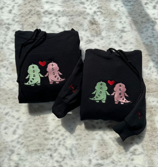Dino Kawaii Holding Hand Matching Cartoon embroidery Hoodie - (Set of 2)