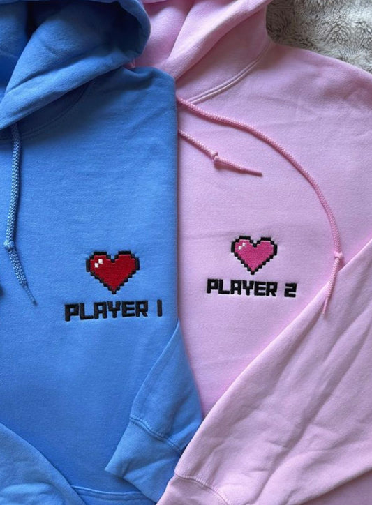 Player 1/2 Pixel Hearts Hoodies| Matching Gamer Hoodies| Cute Couple Gamer Hoodies with Embroidery