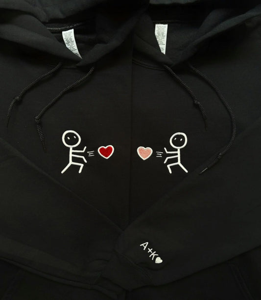 Stick Figure Love Matching Hoodie| Minimalist Couple Embroidered Hoodie with Heart Design