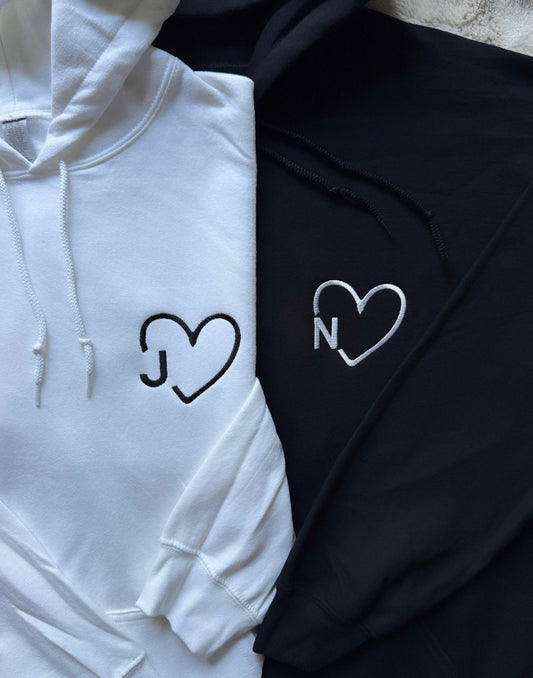 Custom Initials in heart Matching Hoodie with personalized sleeves - (Set of 2)