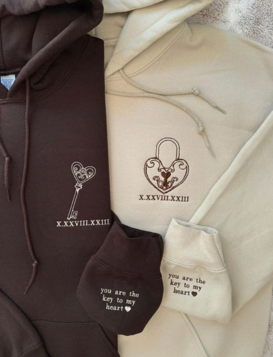 Minimal Lock And Key Matching Hoodie Combo| Embroidered| Perfect Anniversary Gift For Couples