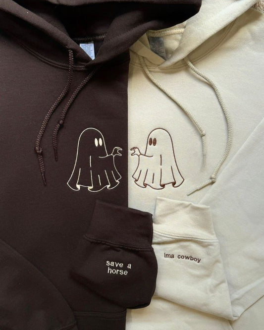 Ghost Heart Hands Matching Hoodie| Minimal Ghost Embroidered | Halloween Matching Hoodies