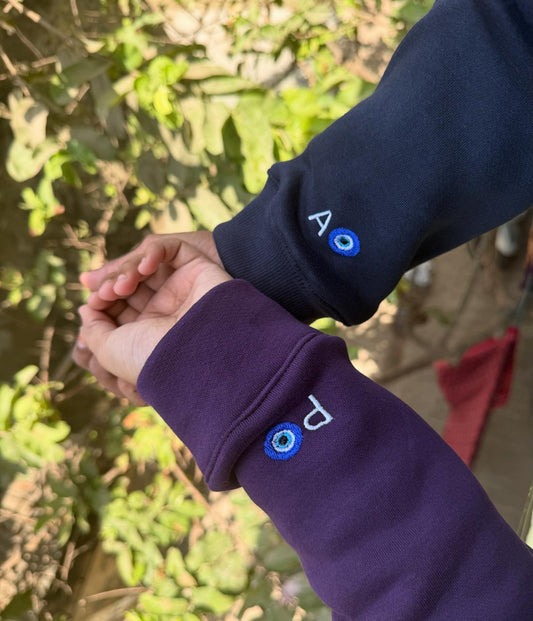 Custom Initial With evil eyes Embroidery Hoodie - (Set of 2)