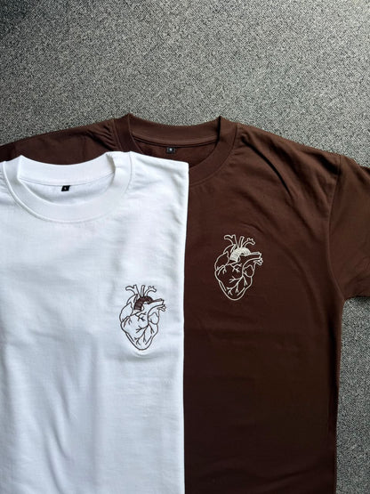 Matching Anatomical Heart Embroidered Couple T-shirts| Minimal Aesthetic Heart Embroidered T-Shirts