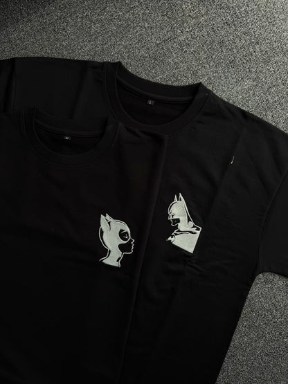 Batman & Catwoman Matching Embroidered Couple T-Shirts| His & Hers Superhero Couple T-shirts