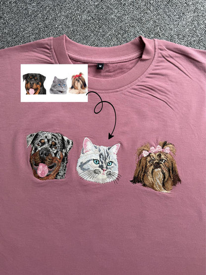 Personalized 3 Pet Embroidered T-Shirt for Dog & Cat Lovers| Unique Pet Lover Gift| Premium Pet Embroidered T-Shirt