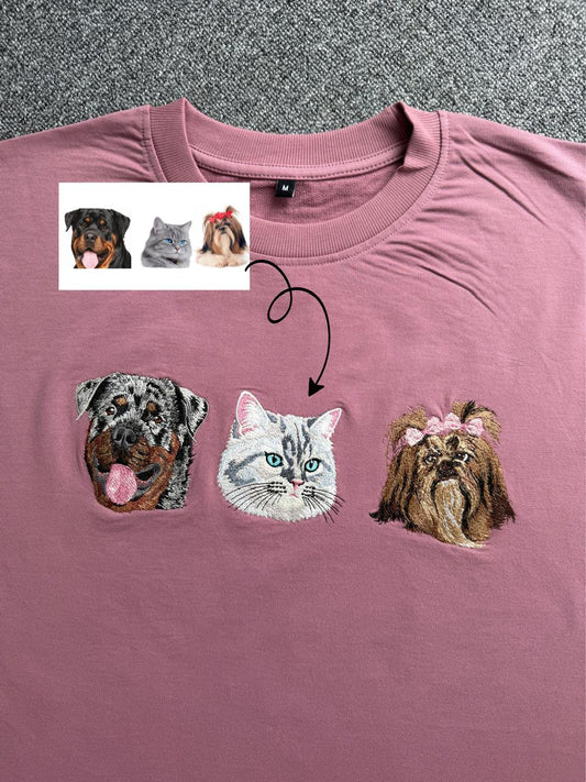 Personalized 3 Pet Embroidered T-Shirt for Dog & Cat Lovers| Unique Pet Lover Gift| Premium Pet Embroidered T-Shirt