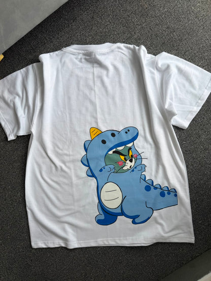 Tom & Jerry Dinosaur Matching Back Print T-Shirts| Oversized Cotton Graphic T-shirt| Back Print Cartoon Couple T-shirts