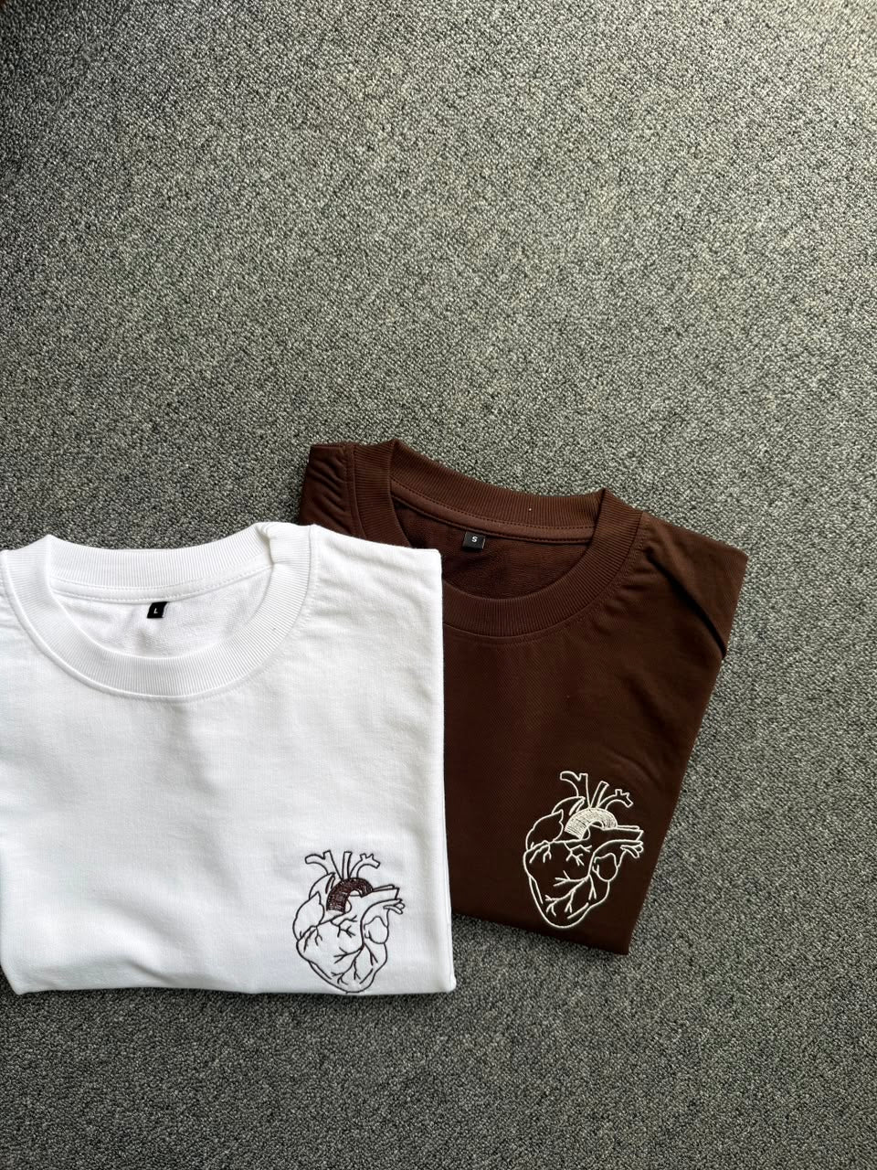 Matching Anatomical Heart Embroidered Couple T-shirts| Minimal Aesthetic Heart Embroidered T-Shirts