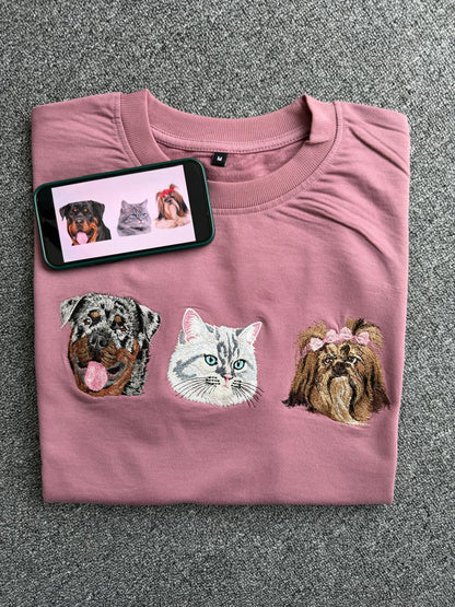 Personalized 3 Pet Embroidered T-Shirt for Dog & Cat Lovers| Unique Pet Lover Gift| Premium Pet Embroidered T-Shirt