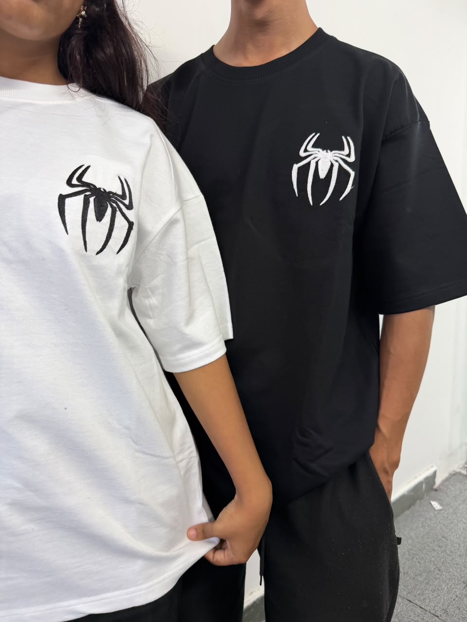 Premium Embroidered Spider Logo Matching T-shirts| Couple Gift Spider T-Shirts| Black & White Spider Couple T-Shirts