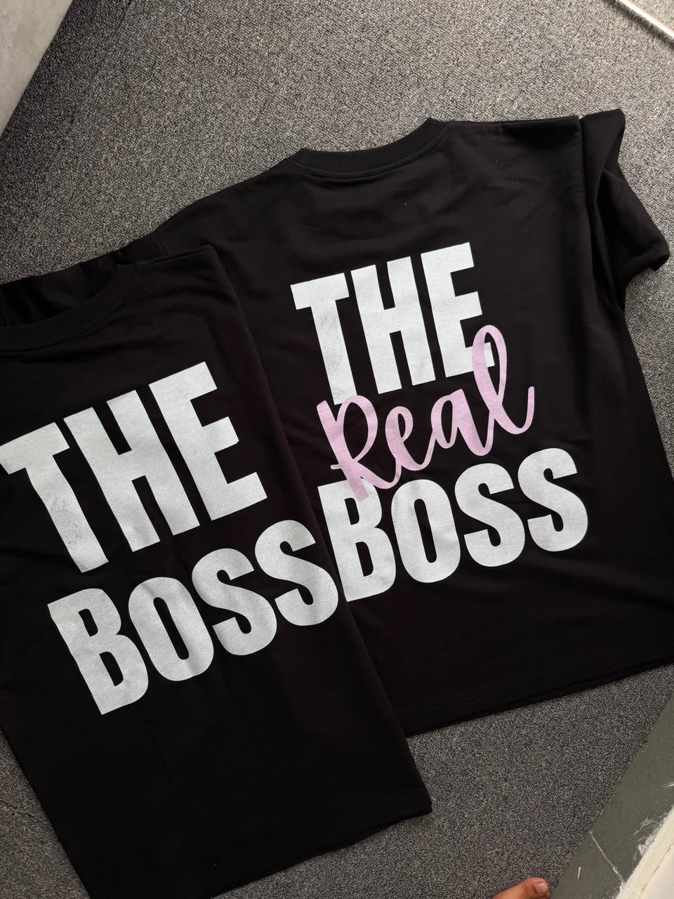 The Boss & The Real Boss Matching Couple Back Printed T-Shirts| Oversized Couple Graphic T-Shirts – The Boss Edition| Relationship Goals Matching Back Print T-Shirts