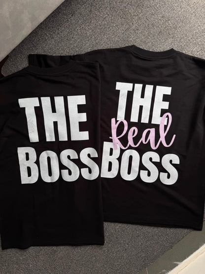 The Boss & The Real Boss Matching Couple Back Printed T-Shirts| Oversized Couple Graphic T-Shirts – The Boss Edition| Relationship Goals Matching Back Print T-Shirts