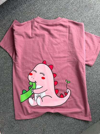 Kawaii Dino Matching Oversized Back Printed Couple T-shirts| Adorable Dino Couple Graphic T-Shirts