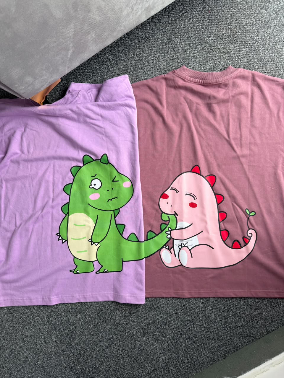 Kawaii Dino Matching Oversized Back Printed Couple T-shirts| Adorable Dino Couple Graphic T-Shirts