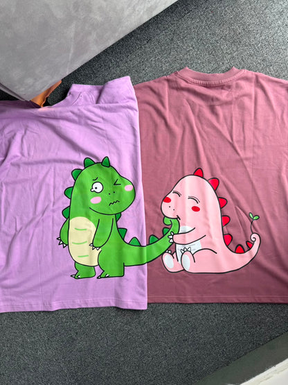 Kawaii Dino Matching Oversized Back Printed Couple T-shirts| Adorable Dino Couple Graphic T-Shirts