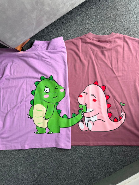 Kawaii Dino Matching Oversized Back Printed Couple T-shirts| Adorable Dino Couple Graphic T-Shirts