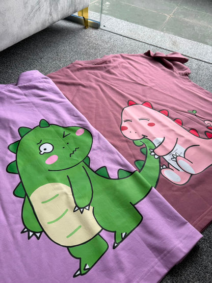 Kawaii Dino Matching Oversized Back Printed Couple T-shirts| Adorable Dino Couple Graphic T-Shirts