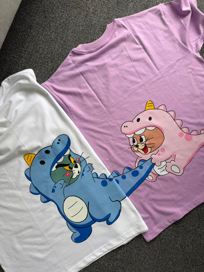 Tom & Jerry Dinosaur Matching Back Print T-Shirts| Oversized Cotton Graphic T-shirt| Back Print Cartoon Couple T-shirts