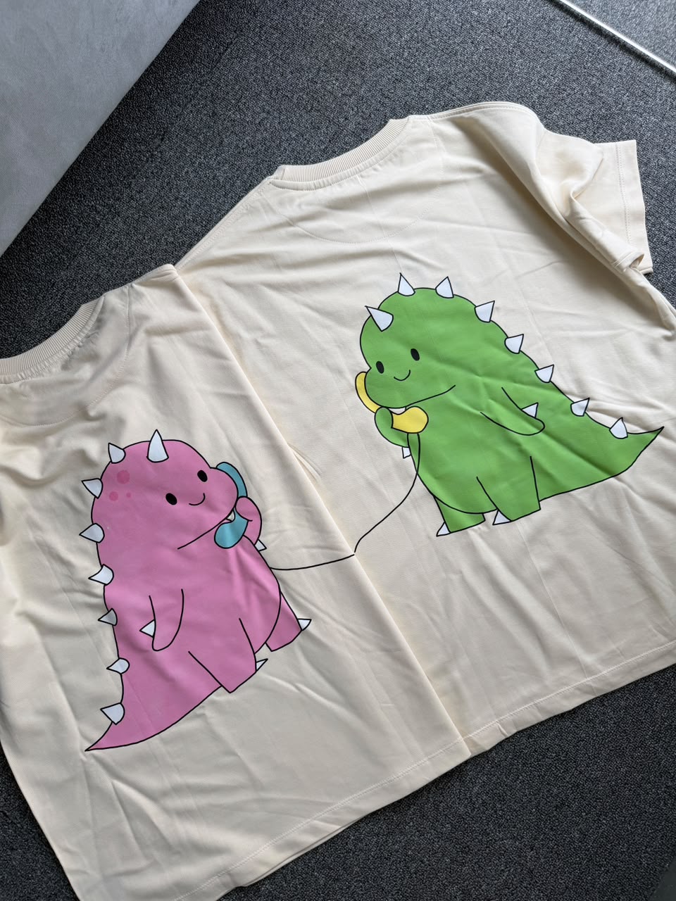 I’m With Stupid & I am Stupid Matching Embroidered & Dinosaur Back Print Couple T-Shirts | Premium Oversized T-shirts| Cute Dinosaur Phone Call Matching Couple T-Shirts