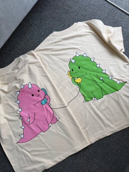 I’m With Stupid & I am Stupid Matching Embroidered & Dinosaur Back Print Couple T-Shirts | Premium Oversized T-shirts| Cute Dinosaur Phone Call Matching Couple T-Shirts
