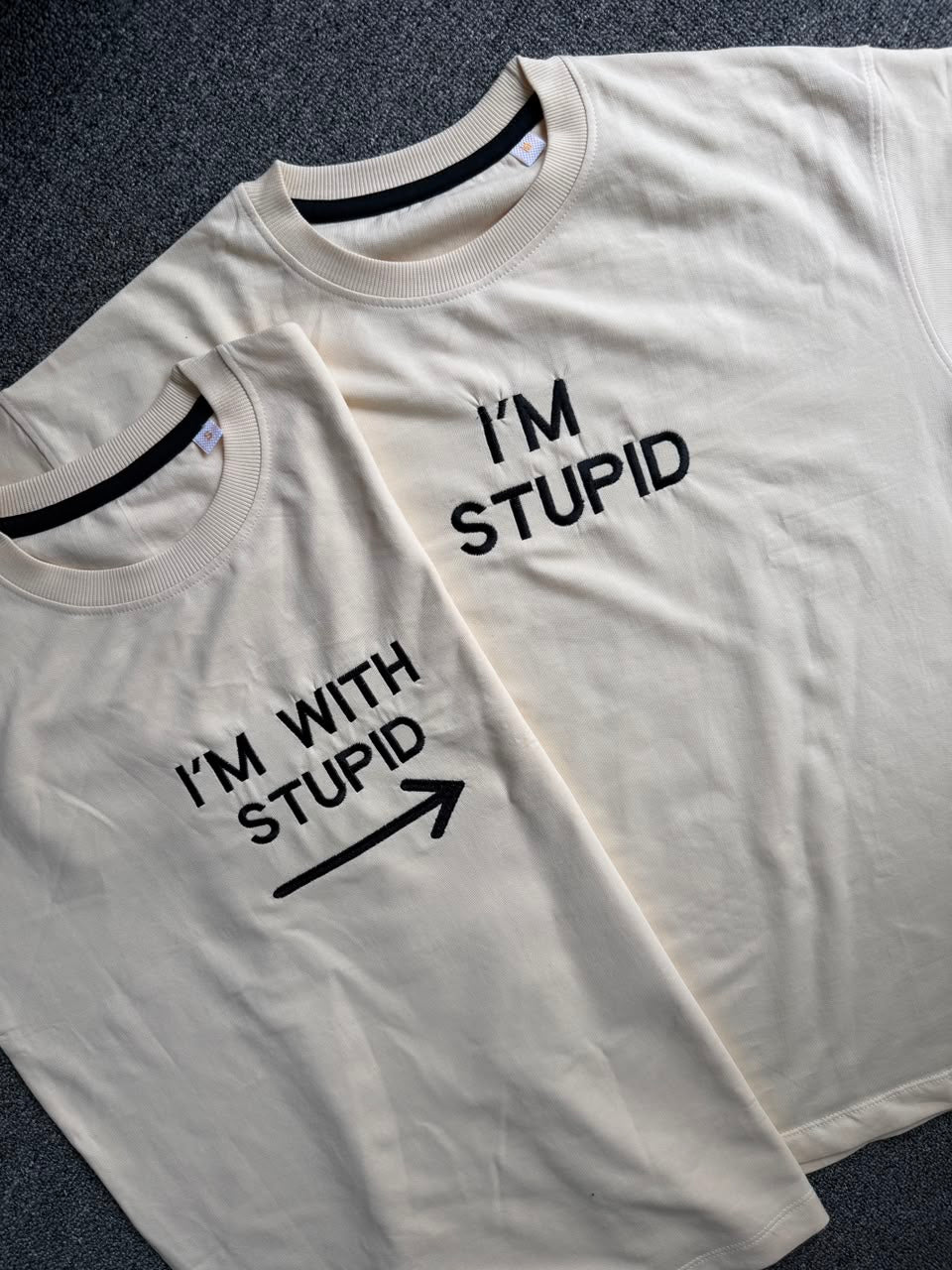 I’m With Stupid & I am Stupid Matching Embroidered & Dinosaur Back Print Couple T-Shirts | Premium Oversized T-shirts| Cute Dinosaur Phone Call Matching Couple T-Shirts