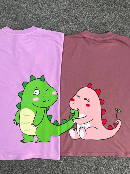 Kawaii Dino Matching Oversized Back Printed Couple T-shirts - ( Set of 2 )