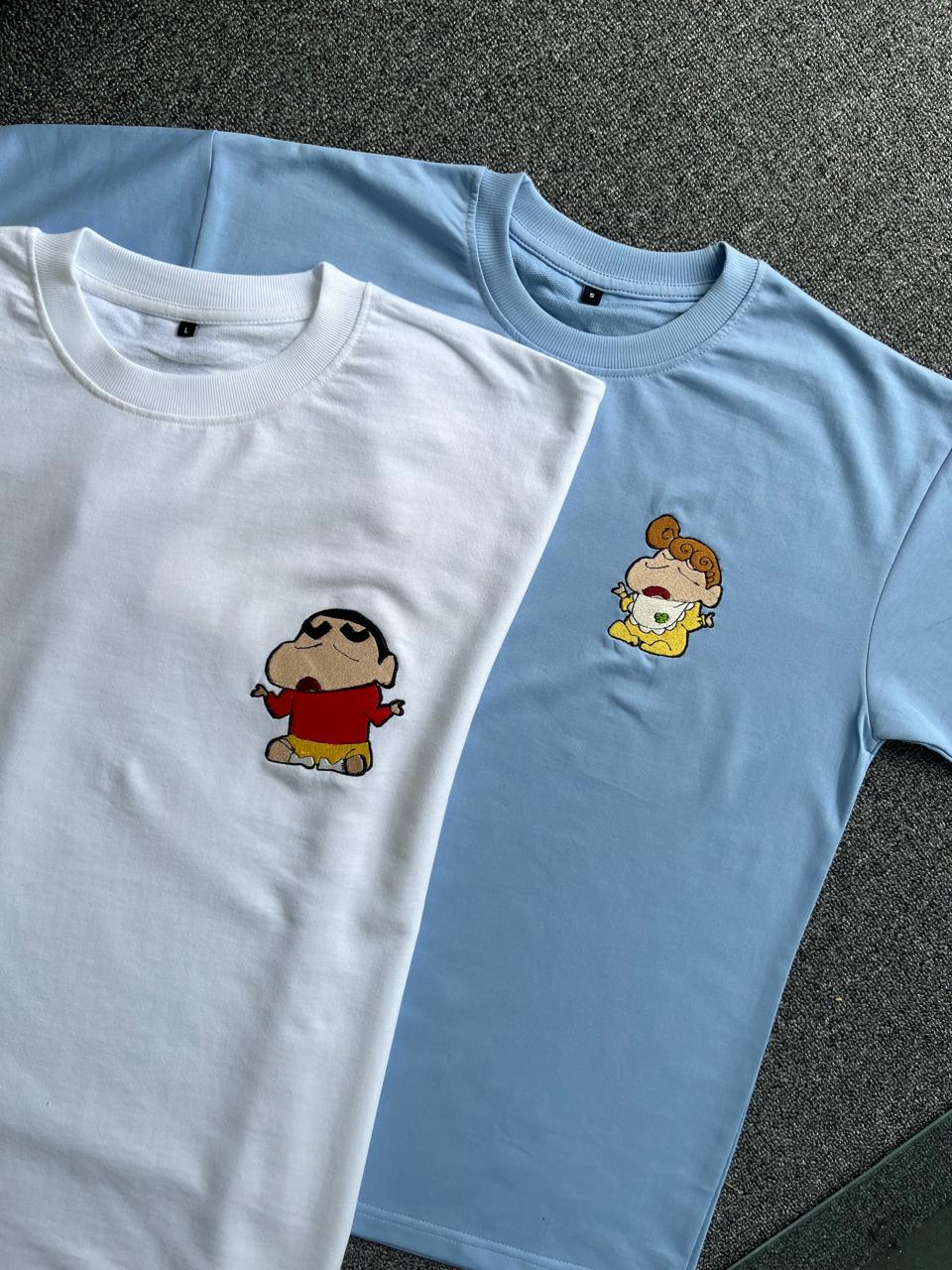 Shinchan & Himawari Matching Embroidered T-shirts - ( Set of 2 )