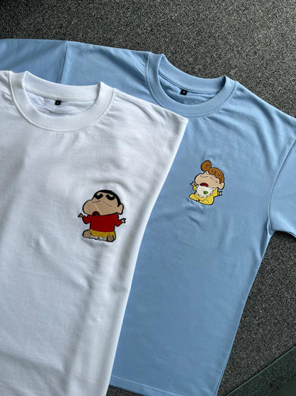Shinchan & Himawari Matching Embroidered T-shirts - ( Set of 2 )