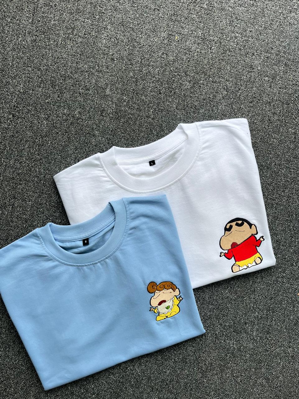 Shinchan & Himawari Matching Embroidered T-shirts - ( Set of 2 )