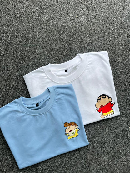 Shinchan & Himawari Matching Embroidered T-shirts - ( Set of 2 )