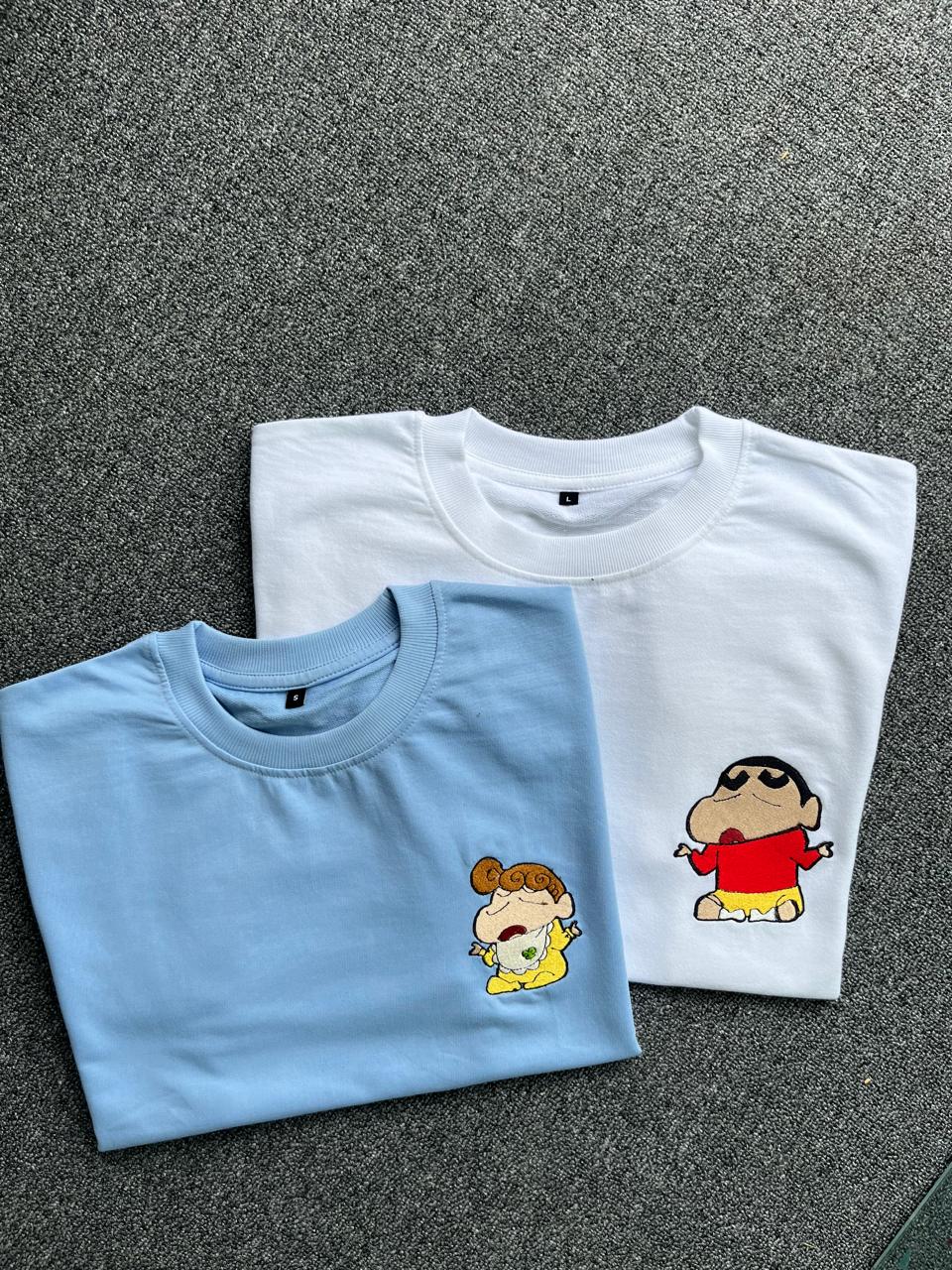Shinchan & Himawari Matching Embroidered T-shirts - ( Set of 2 )