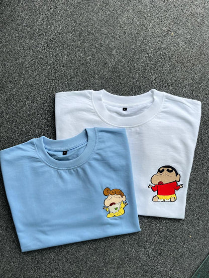 Shinchan & Himawari Matching Embroidered T-shirts - ( Set of 2 )
