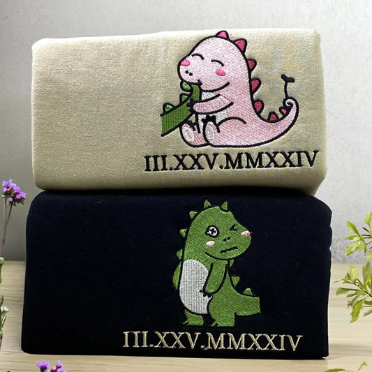 Couple tail eating Kawaii Dinosaur Embroidered Matching Hoodie - (Set of 2)