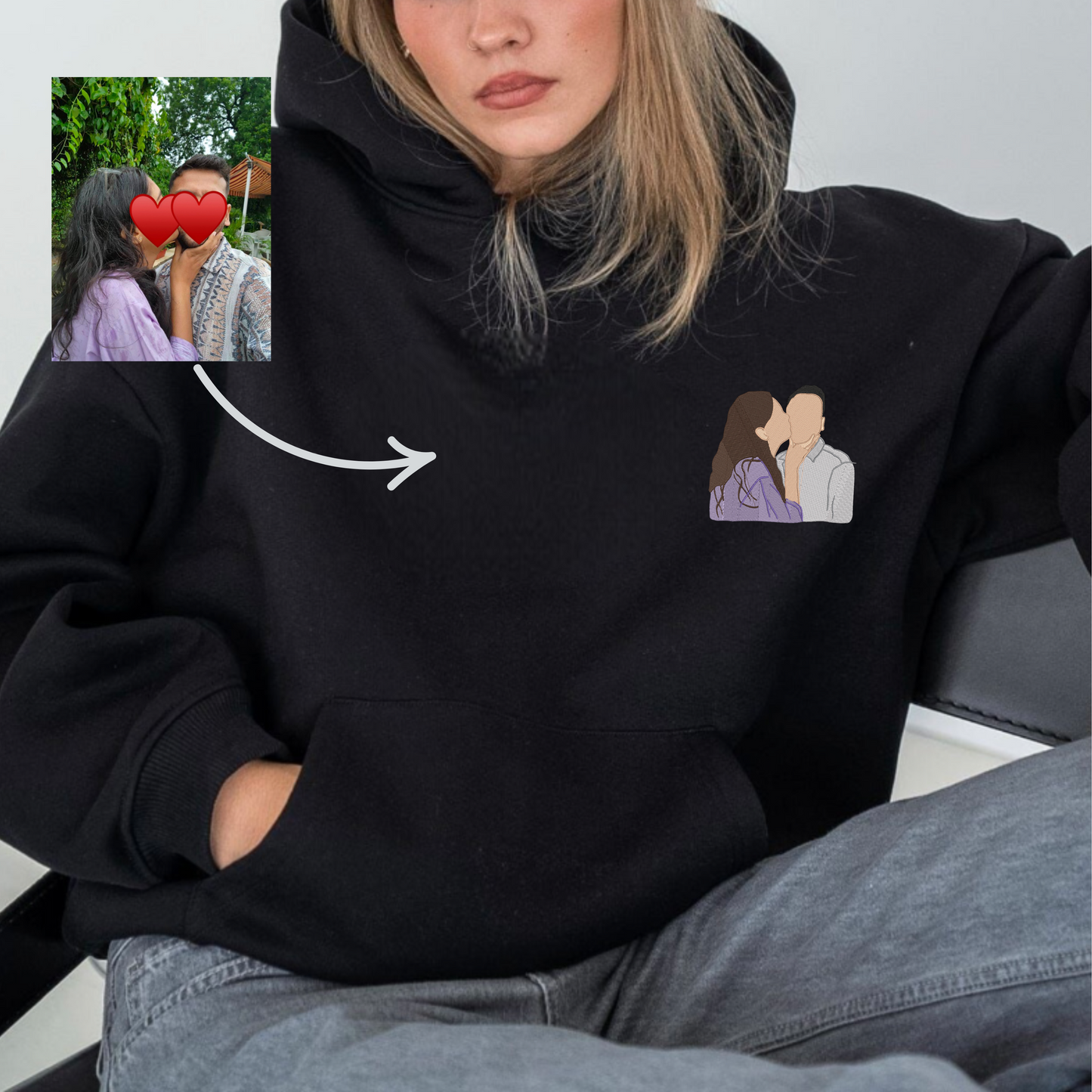 Custom Photo Hoodie with Sleeve Engraving - Personalized Couple Hoodie, Relaxed Fit, Gift for Boyfriend Girlfriend