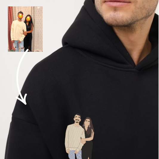 Custom Photo Hoodie with Sleeve Engraving - Personalized Couple Hoodie, Relaxed Fit, Gift for Boyfriend Girlfriend| Couple gifts| Portrait Embroidery Hoodie |