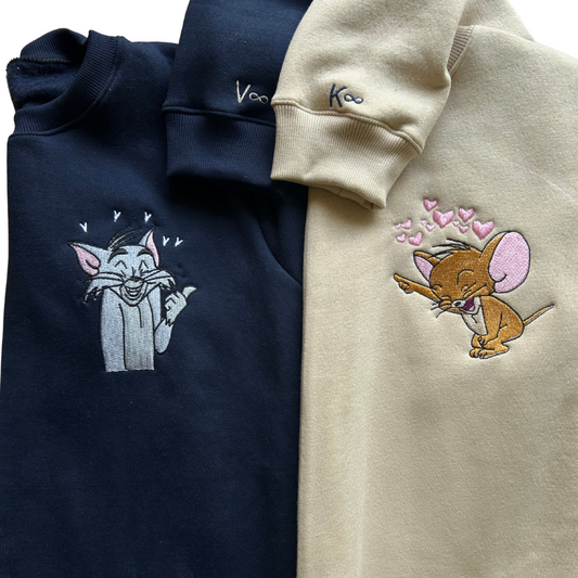 Tom and Jerry Pointing Cartoon Embroidered Hoodie - (Set of 2)